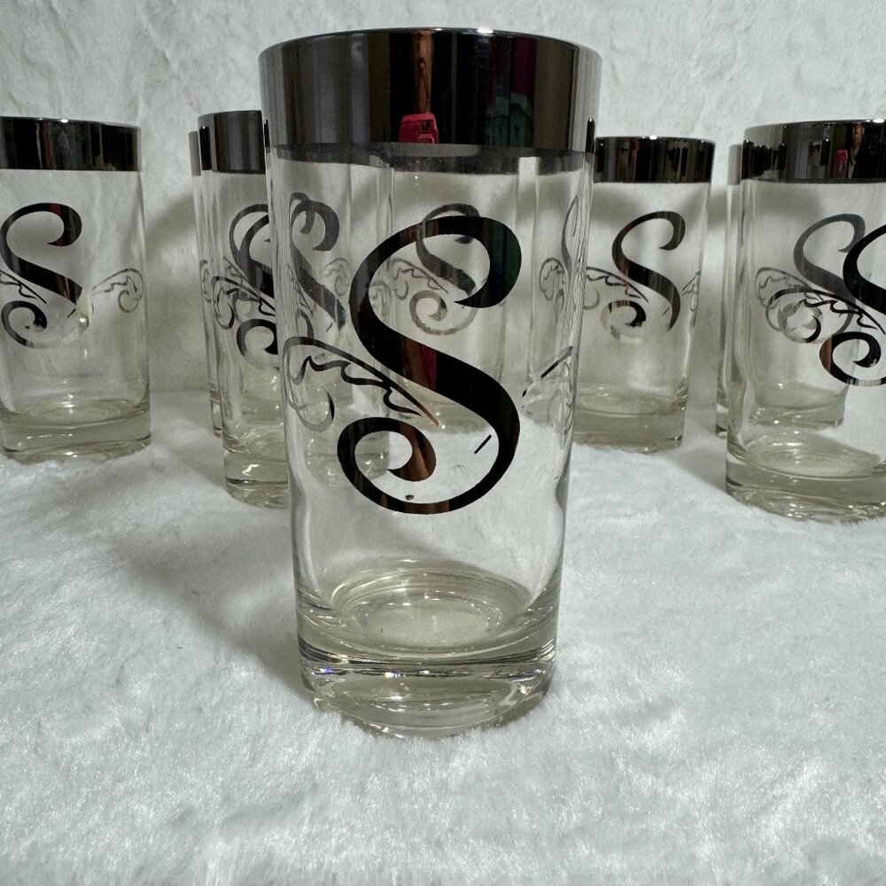 8 Vintage MCM Dorothy Thorpe Monogram “S” Silver Band Highball Tumbler Glasses - Picture 3 of 5